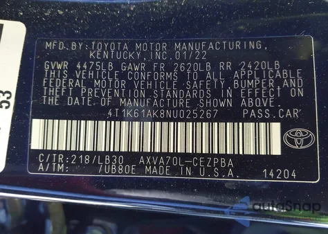 2022 Toyota Camry Xse z USA, uszkodzony, nr VIN 4T1K61AK8NU025267